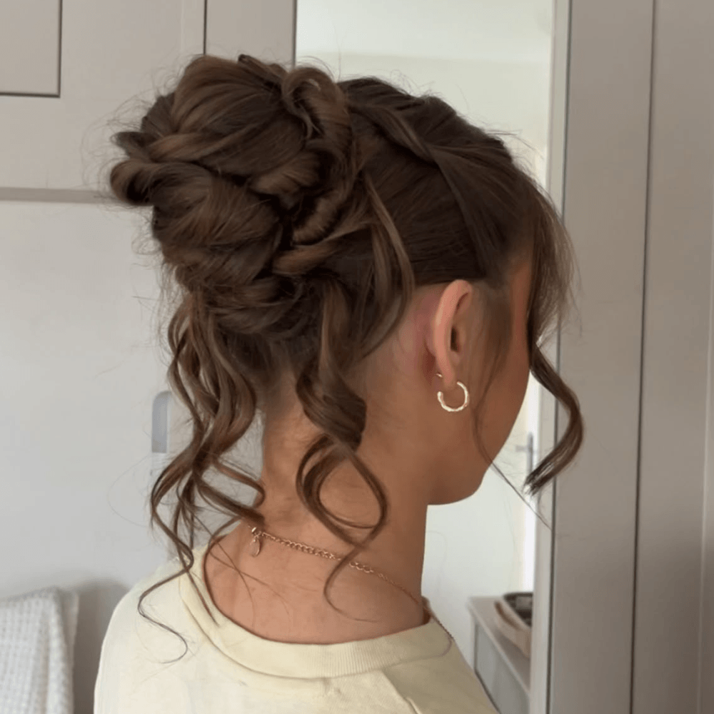 hairstyles-by-soph Elegant brunette bridal updo with curls by Hairstyles By Soph